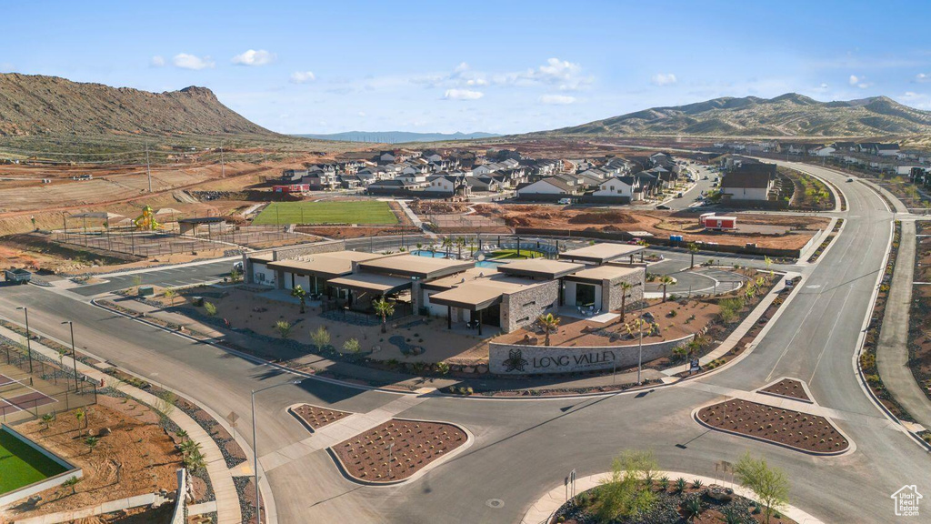 Drone / aerial view with a mountain view and a residential view