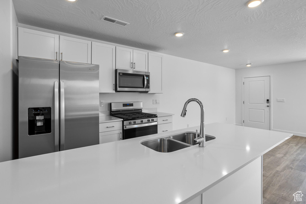 Kitchen featuring white cabinetry, light wood-style floors, stainless steel appliances, and a sink