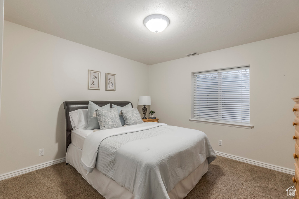 Carpeted bedroom with baseboards and visible vents