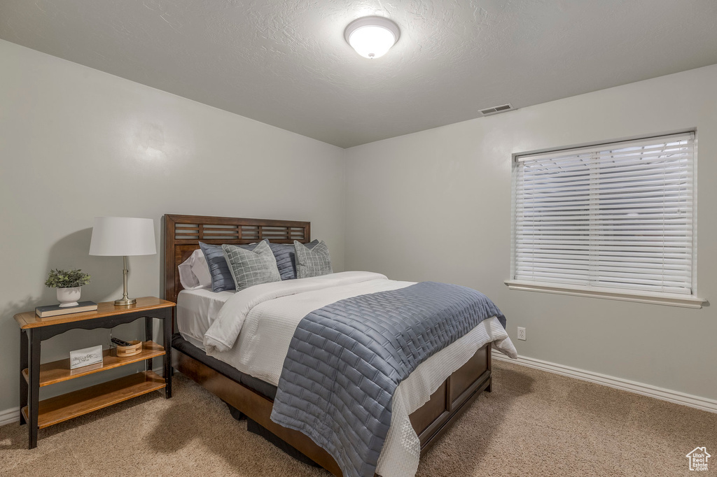 Bedroom with carpet flooring, visible vents, and baseboards