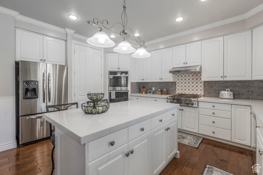 Kitchen with stainless steel appliances, dark wood-style flooring, under cabinet range hood, a kitchen island, and ornamental molding