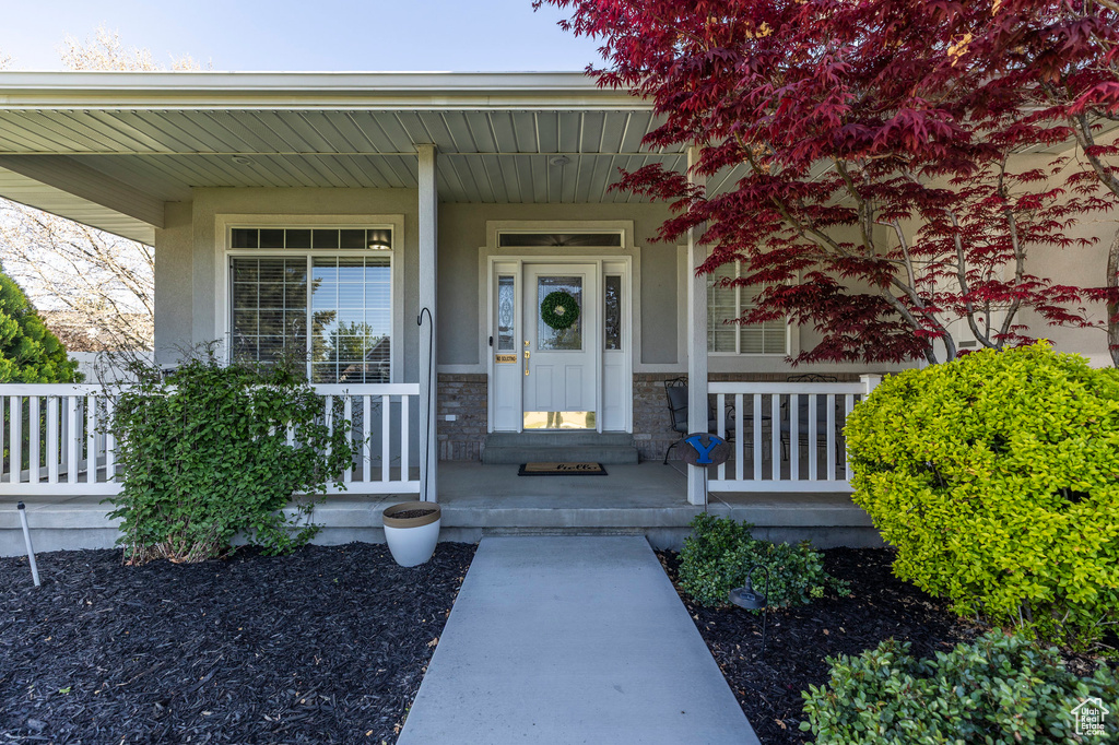 View of exterior entry featuring stone siding, a porch, and stucco siding