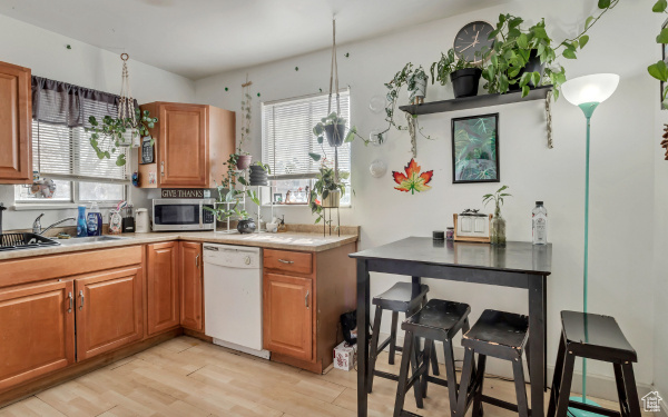 Kitchen with light countertops, a sink, stainless steel microwave, and dishwasher