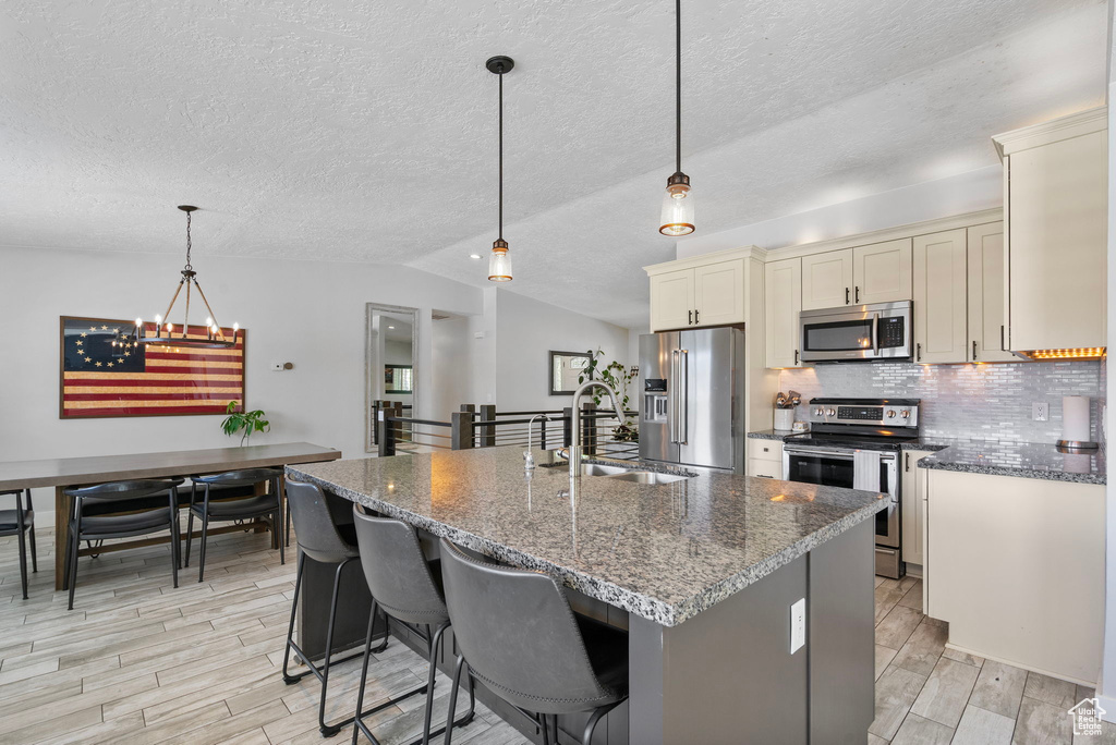 Kitchen with a notable chandelier, light wood-style flooring, a textured ceiling, a sink, and appliances with stainless steel finishes