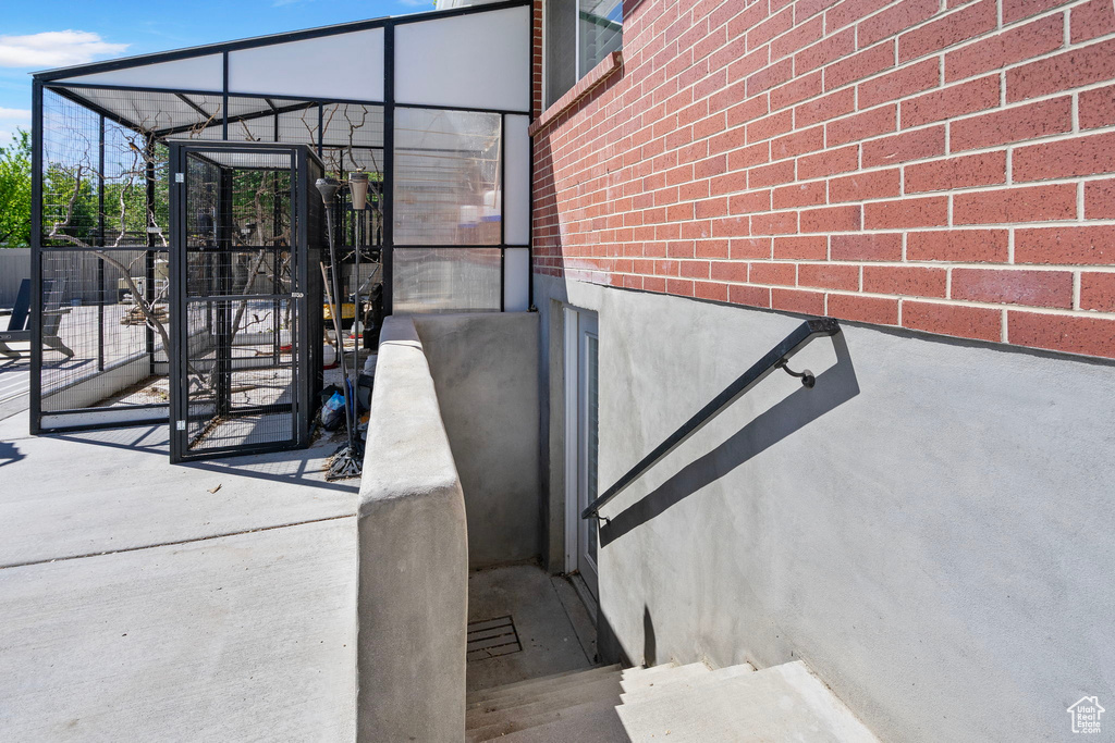 Exterior space with brick siding