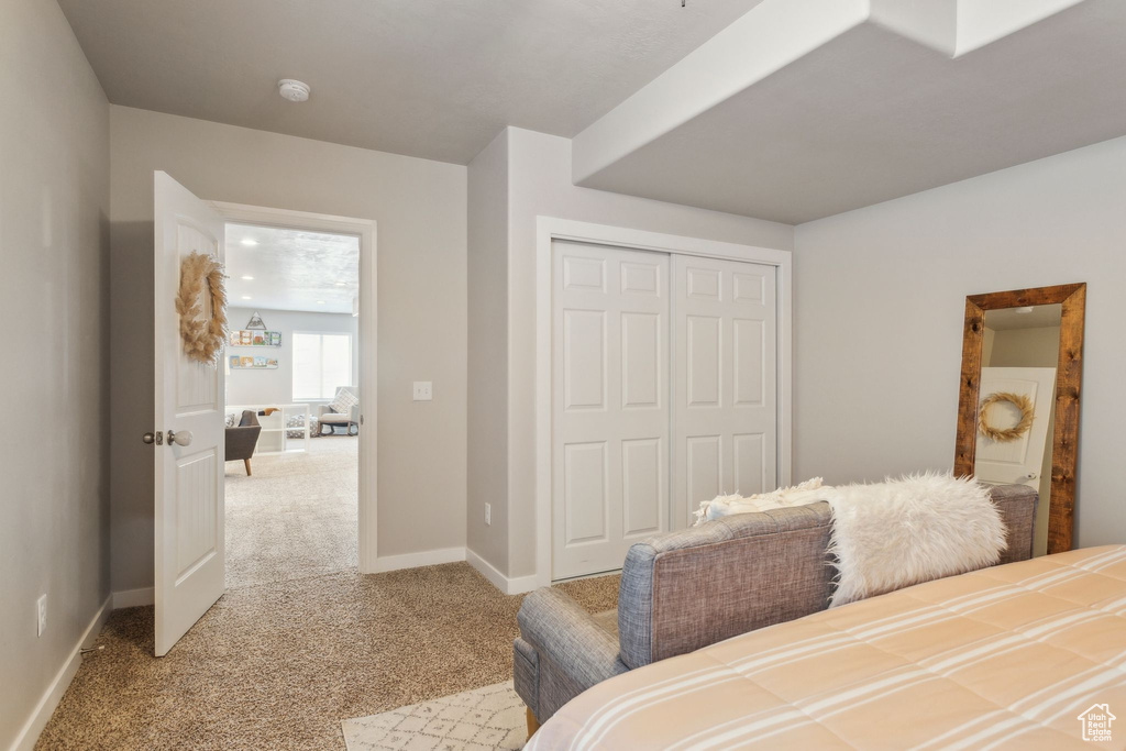 Bedroom featuring carpet, a closet, and baseboards