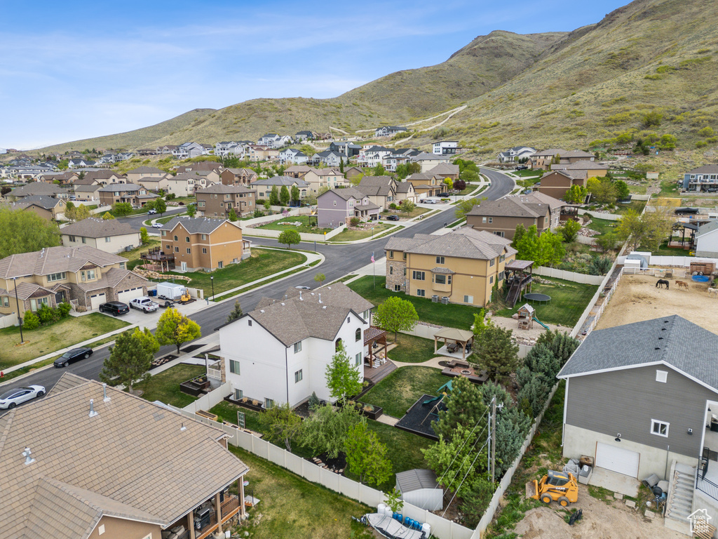 Birds eye view of property featuring a mountain view and a residential view