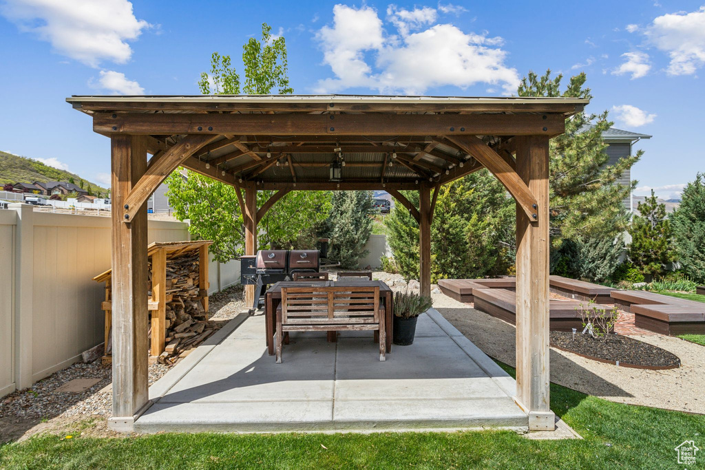 View of patio / terrace with a fenced backyard, a gazebo, and an outdoor living space