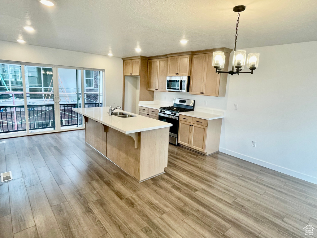 Kitchen with a notable chandelier, stainless steel appliances, light wood-type flooring, and a sink