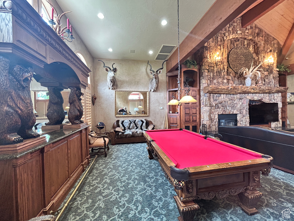 Playroom with pool table, recessed lighting, carpet flooring, visible vents, and a fireplace