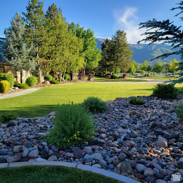View of community with a lawn and a mountain view