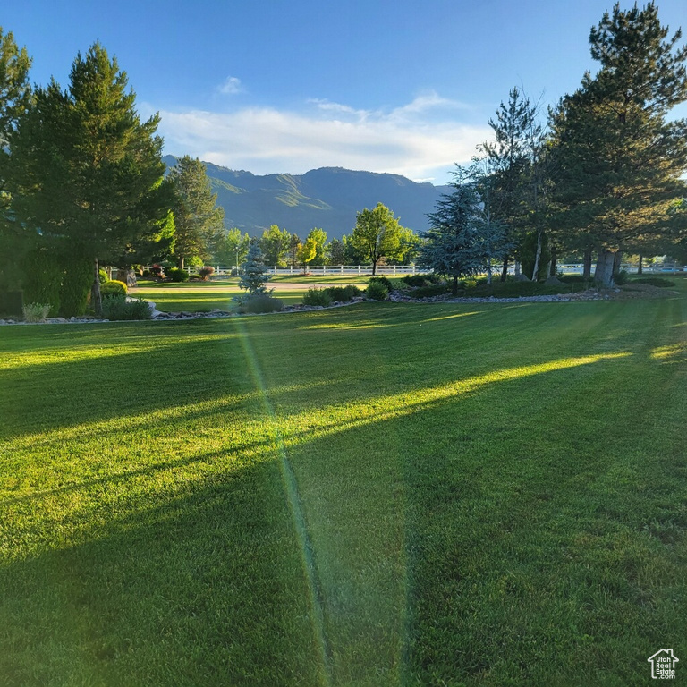 View of home's community featuring a mountain view and a yard