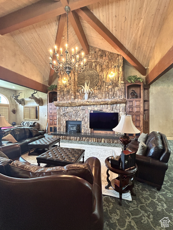 Living area with beam ceiling, high vaulted ceiling, a fireplace, a chandelier, and wooden ceiling