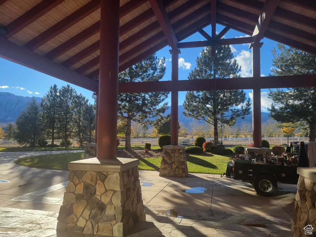 View of patio featuring a mountain view