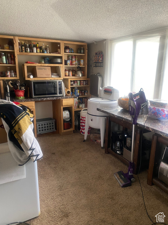 Carpeted home office featuring a textured ceiling