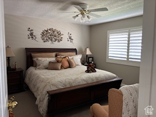 Bedroom featuring ceiling fan and a textured ceiling