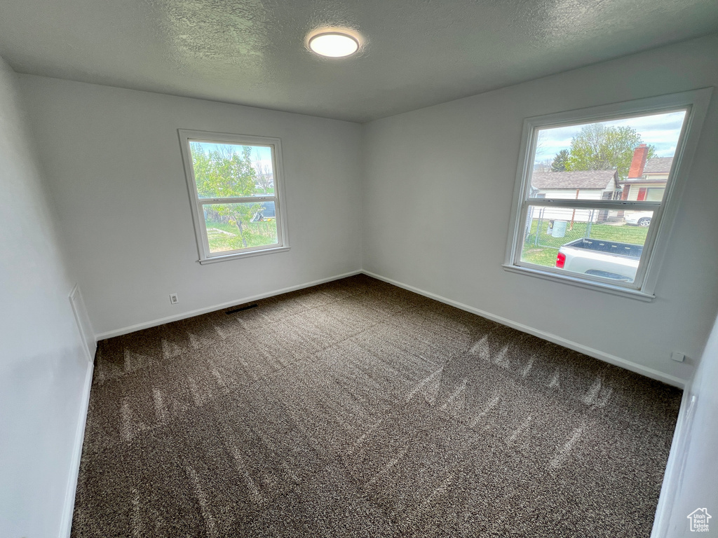 Carpeted spare room featuring a wealth of natural light, visible vents, and baseboards