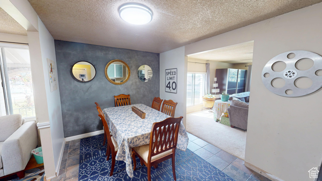 Dining space featuring carpet flooring, a textured ceiling, baseboards, and an accent wall