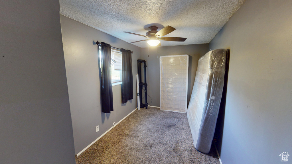 Hall with a textured ceiling, baseboards, and carpet floors