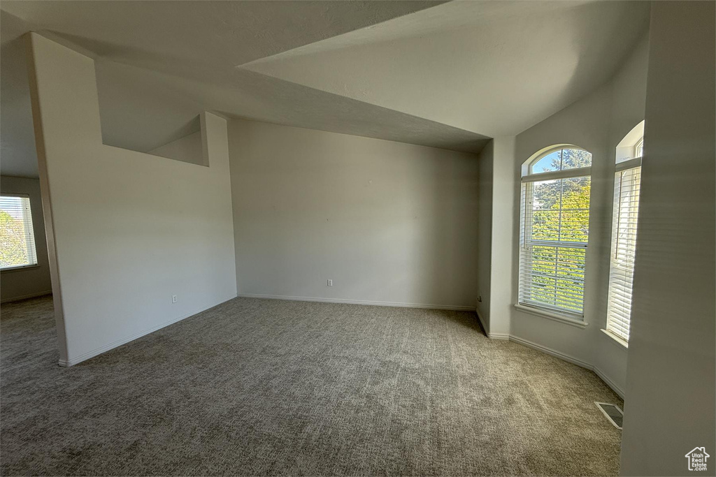 Spare room featuring vaulted ceiling, carpet flooring, and a healthy amount of sunlight