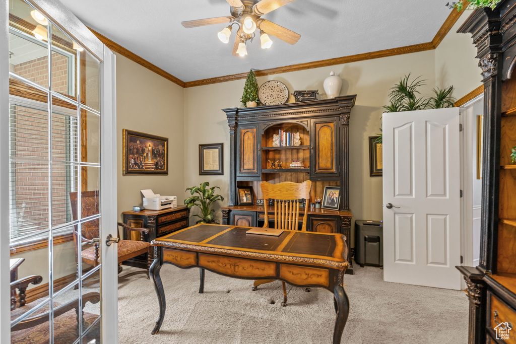 Office area with a ceiling fan, light carpet, and ornamental molding