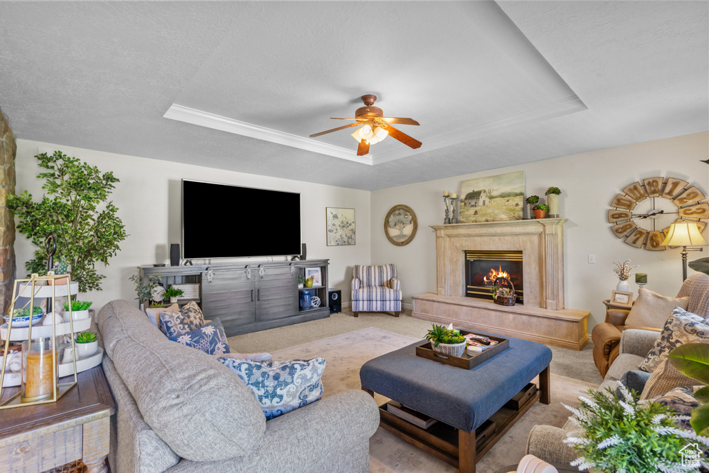 Carpeted living area featuring a ceiling fan, a raised ceiling, and a premium fireplace
