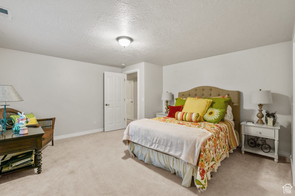 Bedroom featuring light colored carpet, a textured ceiling, baseboards, and visible vents