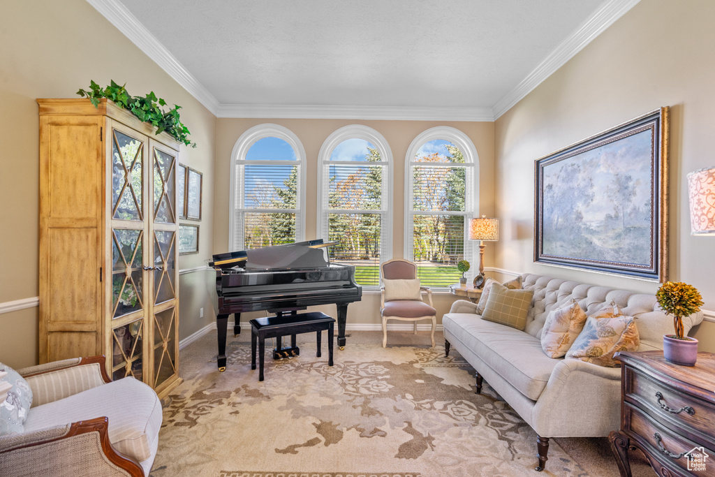 Living area featuring carpet floors, ornamental molding, and baseboards