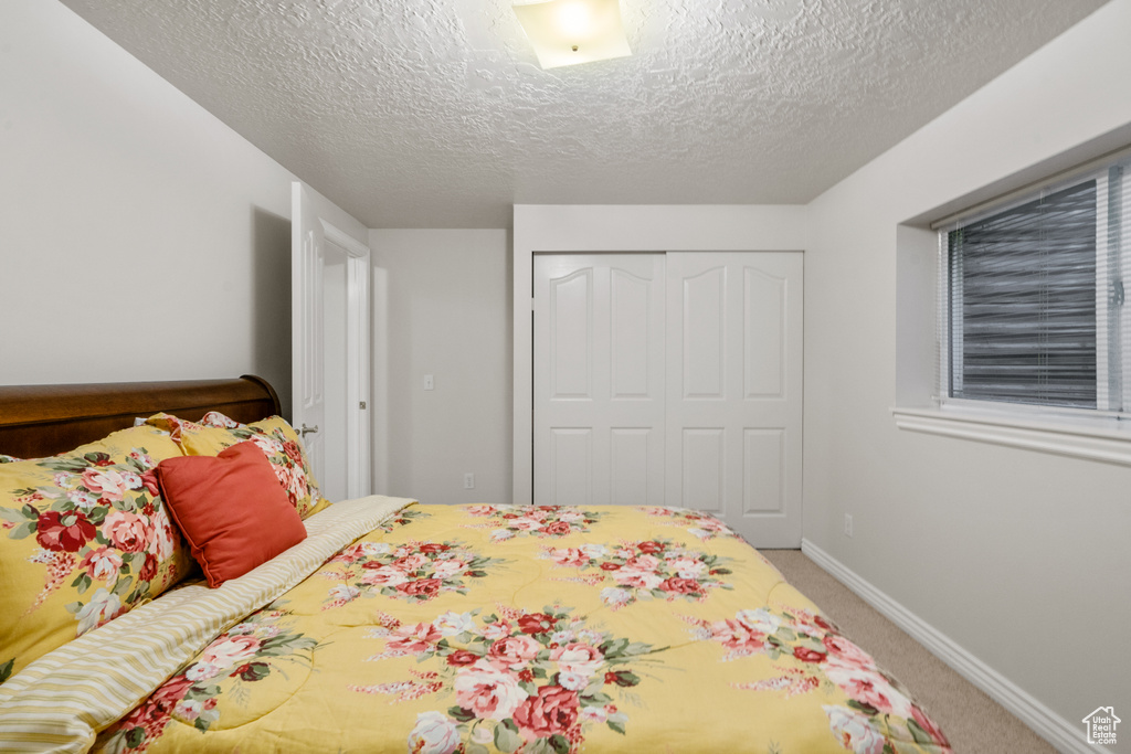Carpeted bedroom with baseboards, a closet, and a textured ceiling