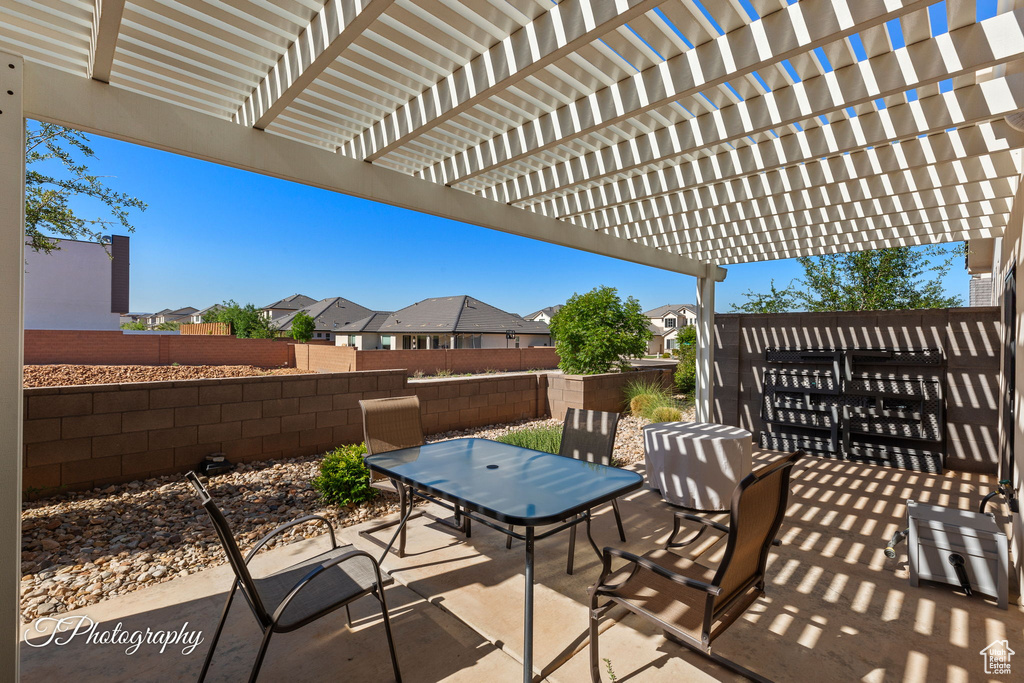 View of patio featuring a pergola, outdoor dining space, a residential view, and a fenced backyard