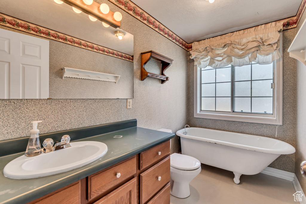 Bathroom featuring vanity, toilet, and a freestanding tub