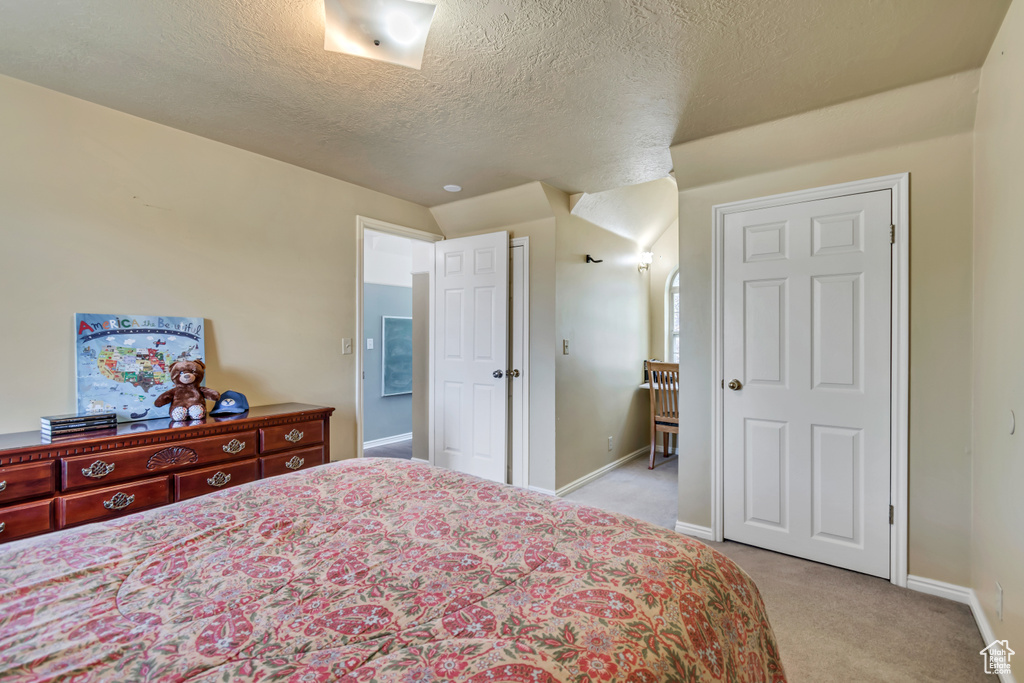 Bedroom featuring baseboards, a textured ceiling, and light colored carpet