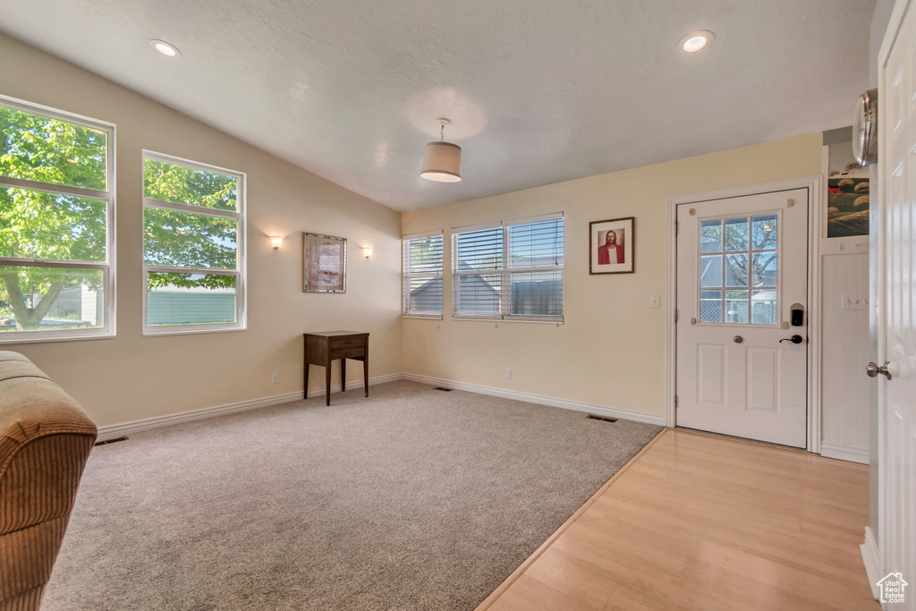 Entrance foyer featuring baseboards, a wealth of natural light, and vaulted ceiling