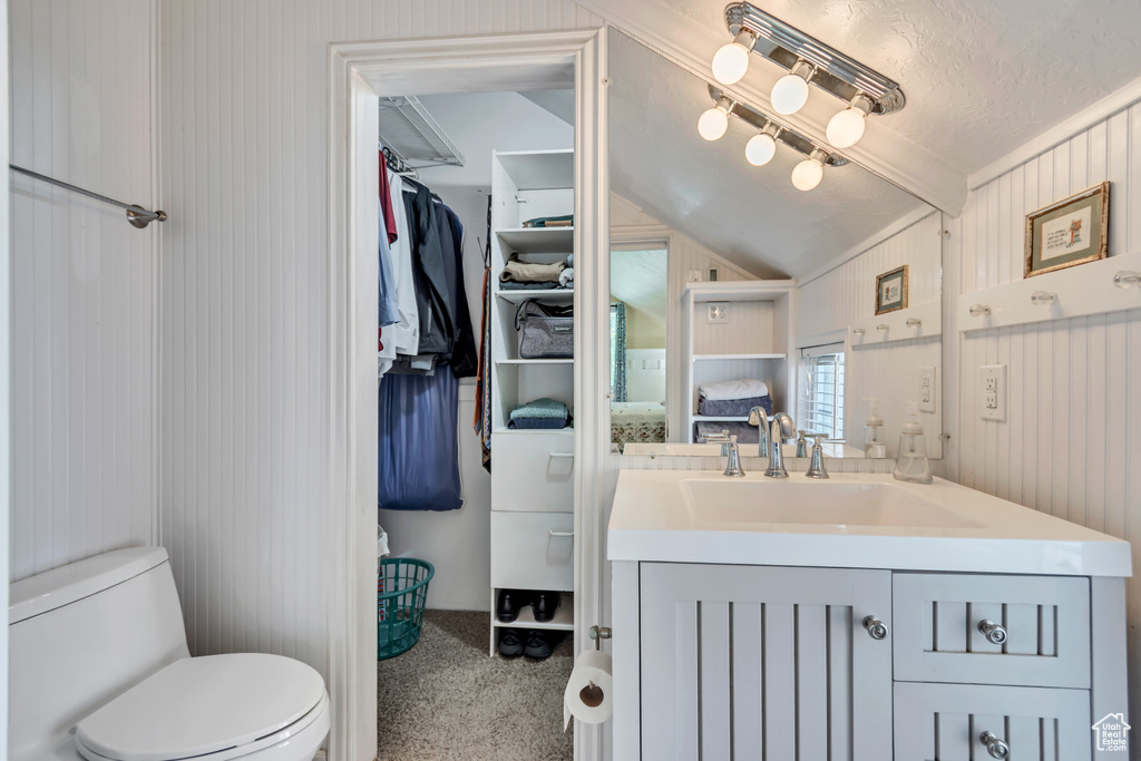 Bathroom featuring vanity, lofted ceiling, a textured ceiling, and toilet