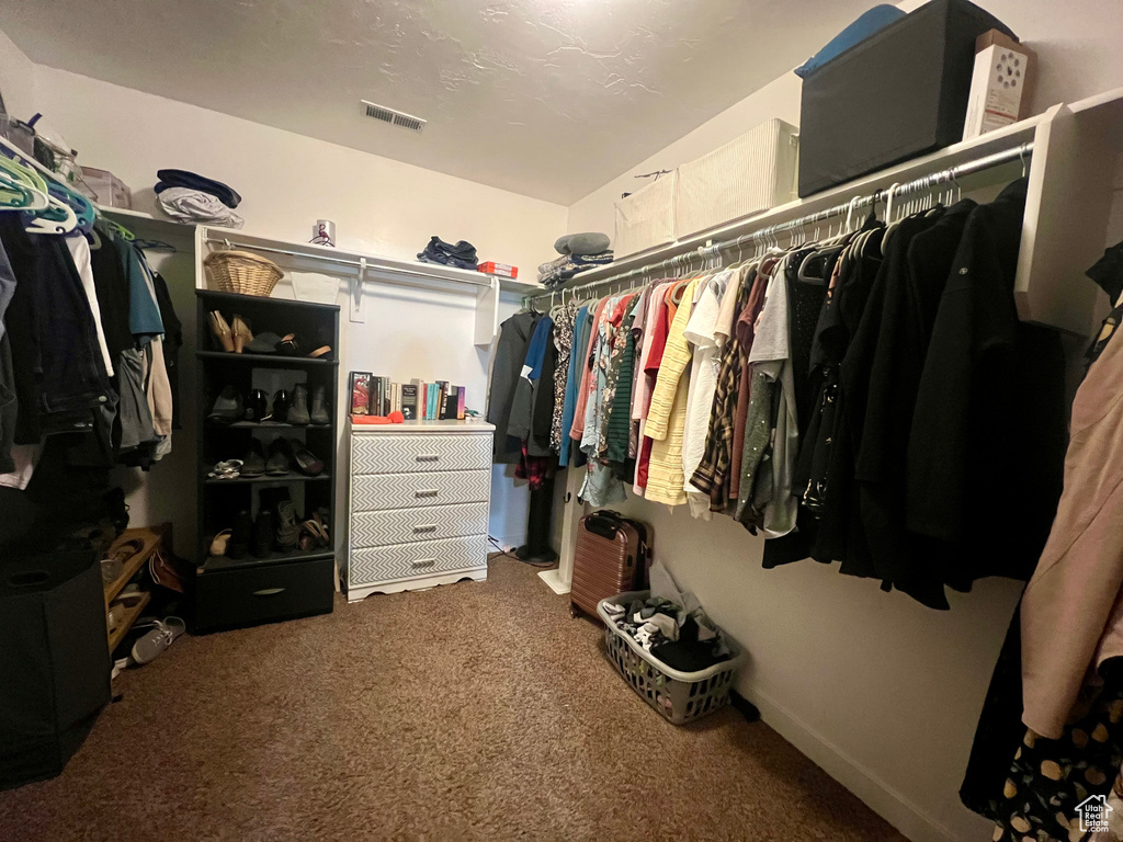 Spacious closet with carpet flooring and visible vents