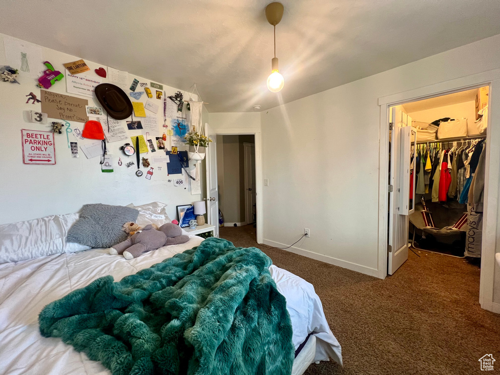 Bedroom featuring a walk in closet, carpet flooring, baseboards, and a closet