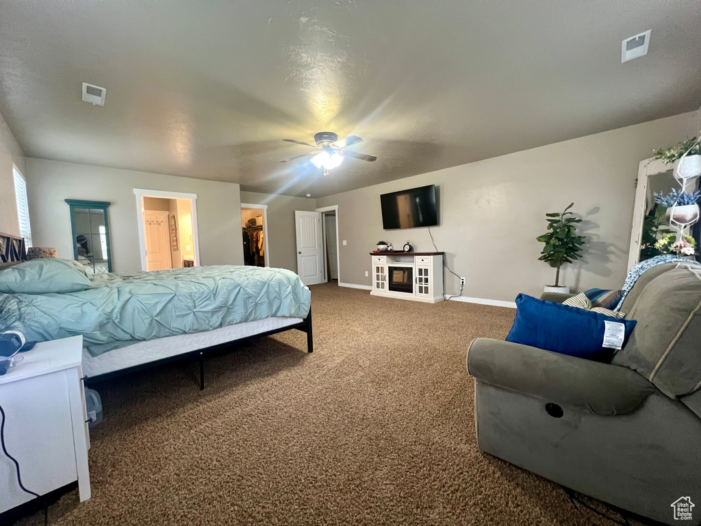 Carpeted bedroom with baseboards, ceiling fan, visible vents, and a walk in closet