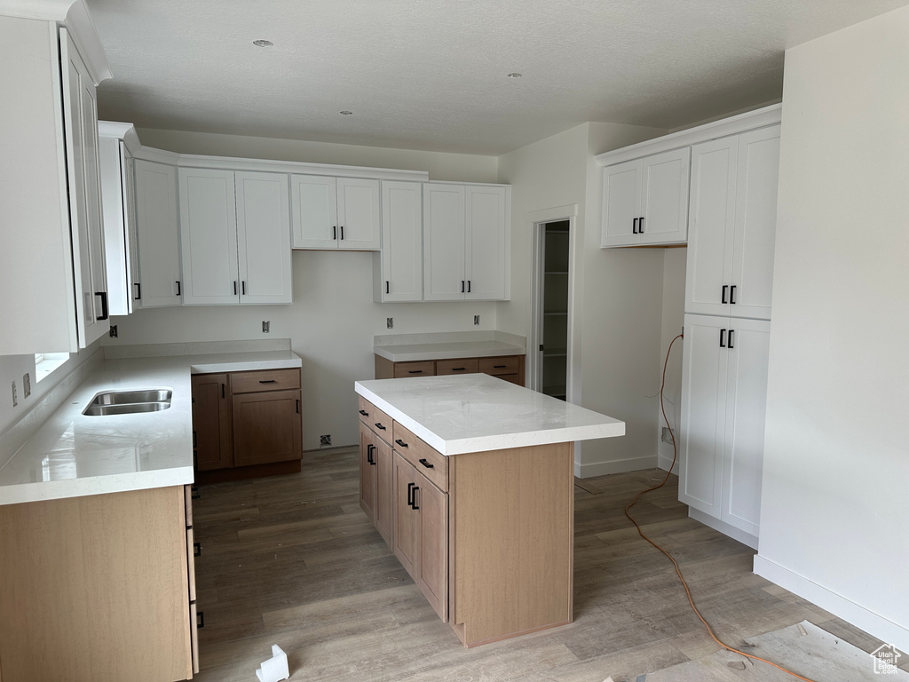 Kitchen featuring light wood finished floors, white cabinetry, a kitchen island, and a sink