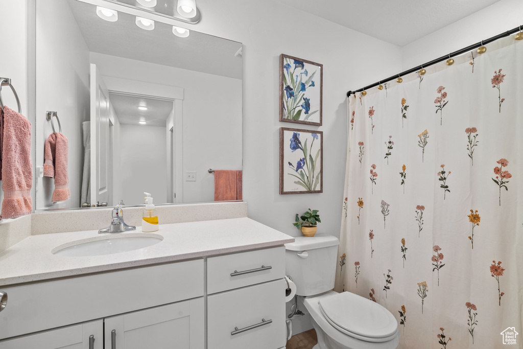 Bathroom with toilet, vanity, and a shower with curtain