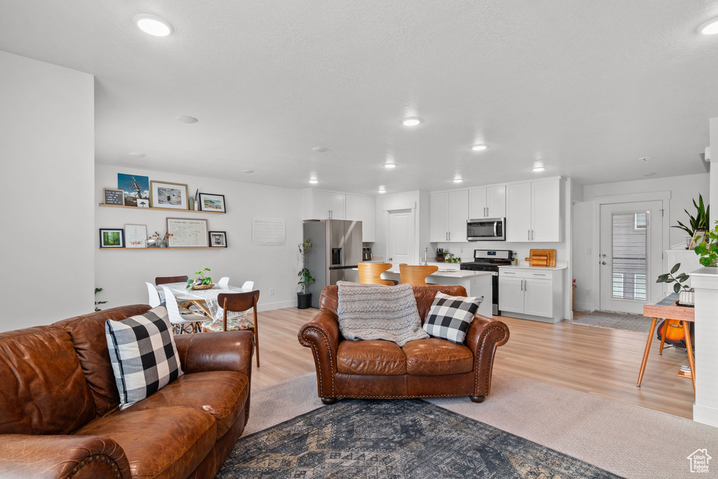 Living area featuring light wood finished floors and recessed lighting