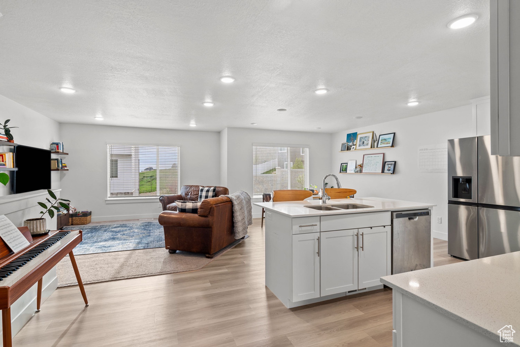 Kitchen featuring light countertops, stainless steel appliances, open floor plan, and a sink