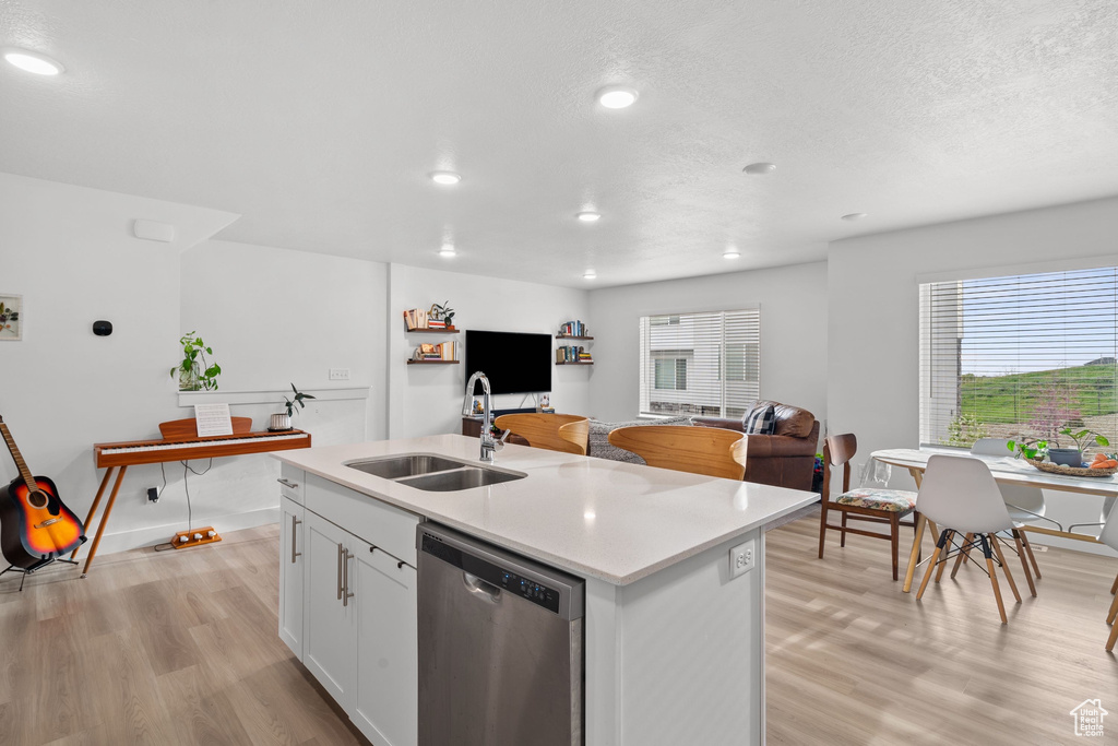 Kitchen with a sink, stainless steel dishwasher, light wood-style flooring, and plenty of natural light
