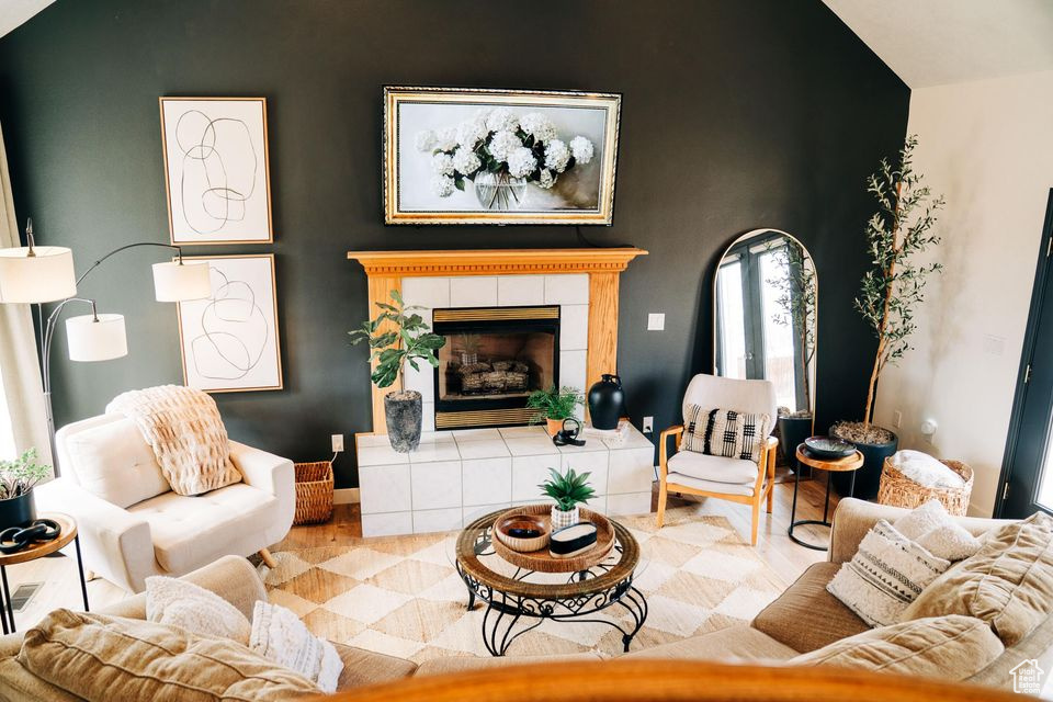 Living room featuring a fireplace