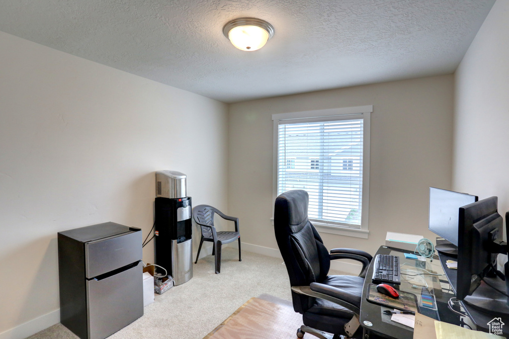 Office area with a textured ceiling, carpet flooring, and baseboards
