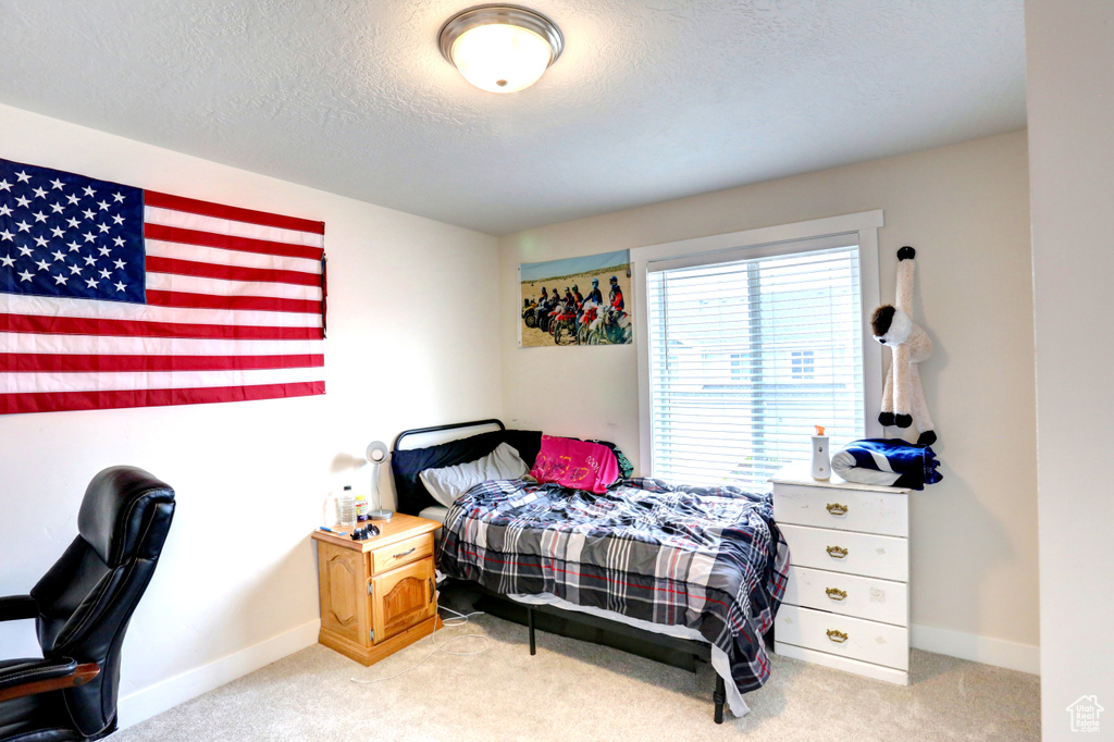 Bedroom featuring light colored carpet, a textured ceiling, and baseboards