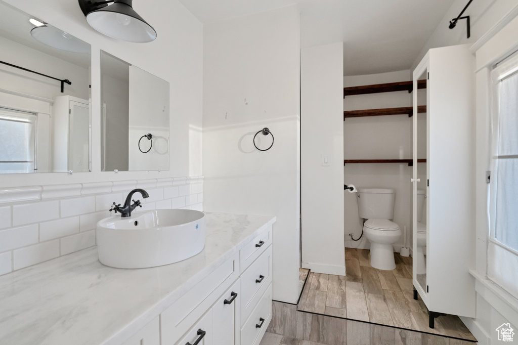 Full bath featuring toilet, wood finished floors, vanity, and backsplash