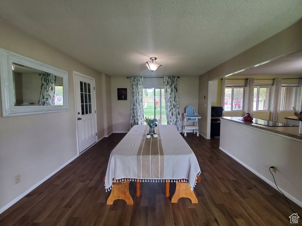 Dining room featuring dark wood-type flooring, a textured ceiling, and baseboards