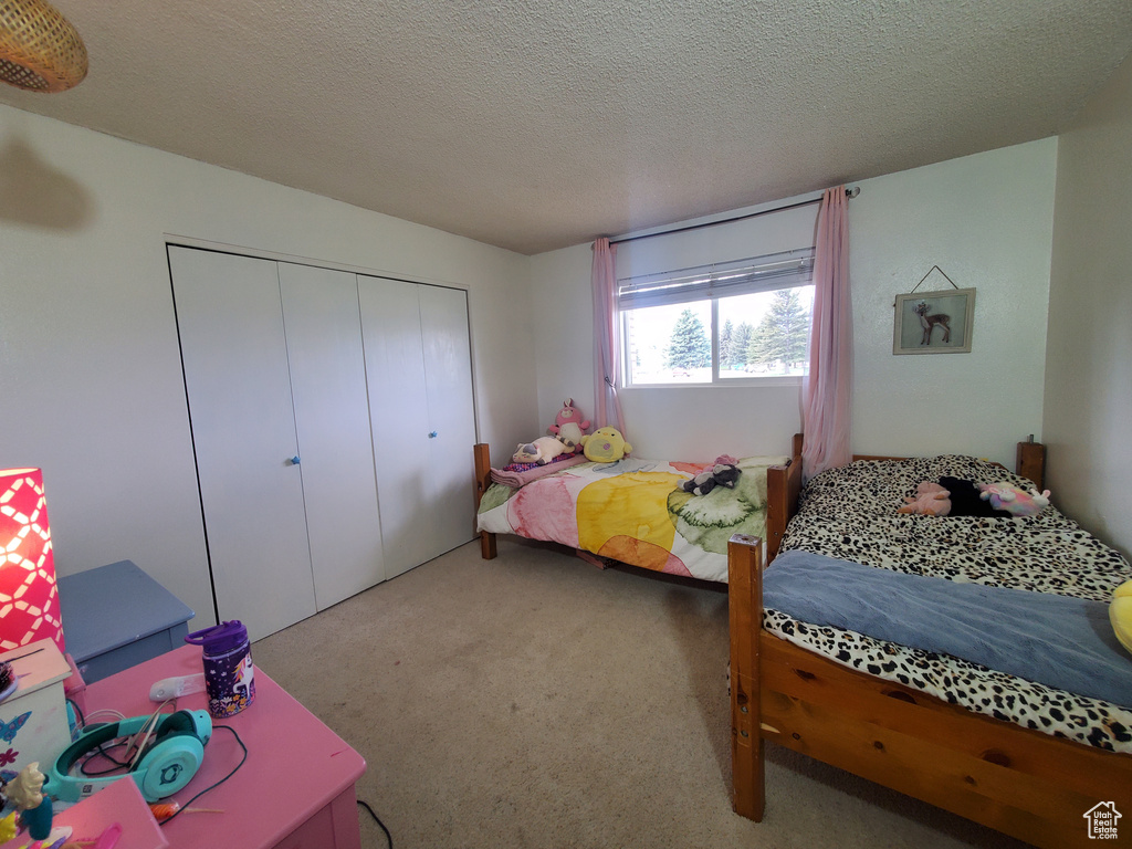 Bedroom with carpet, a closet, and a textured ceiling