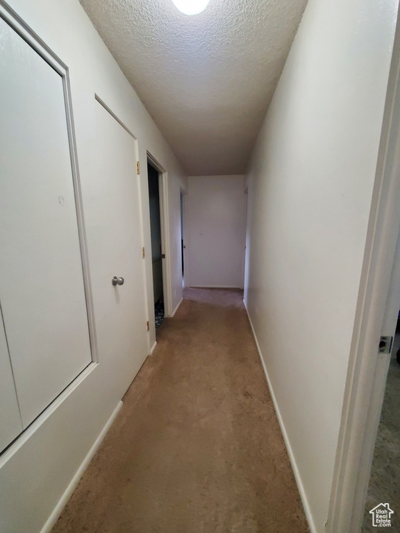 Hallway featuring light colored carpet, a textured ceiling, and baseboards