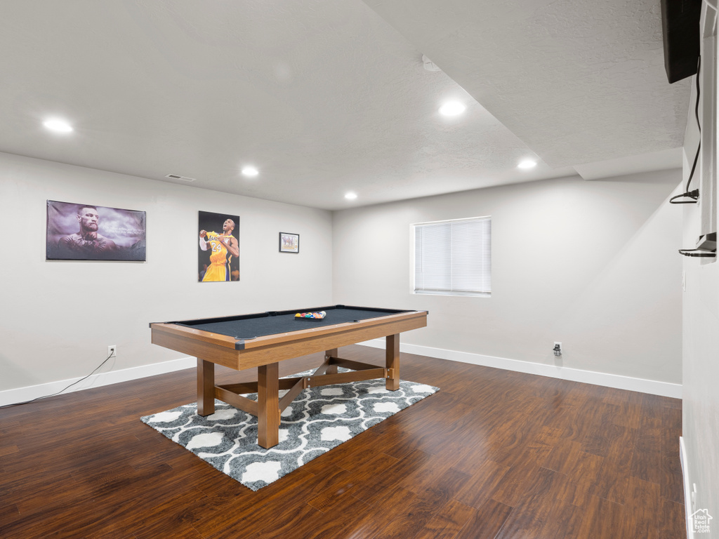 Recreation room with pool table, recessed lighting, baseboards, visible vents, and dark wood-style floors